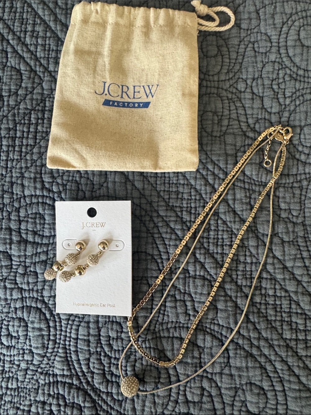 J. Crew Gold-Tone Textured Drop Earrings and Necklace, used like new